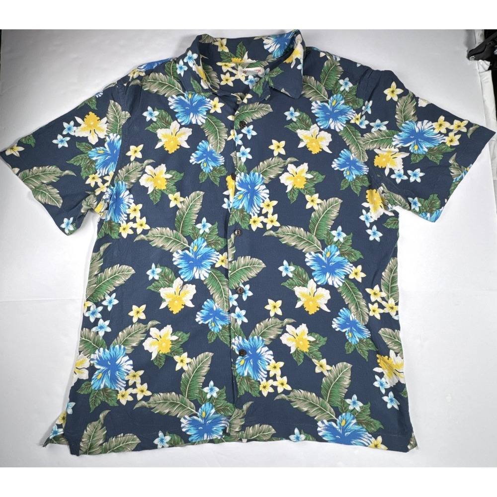 Joe Fresh Shirt Tropical Floral Hibiscus Short Sleeve Button Down Size L Navy